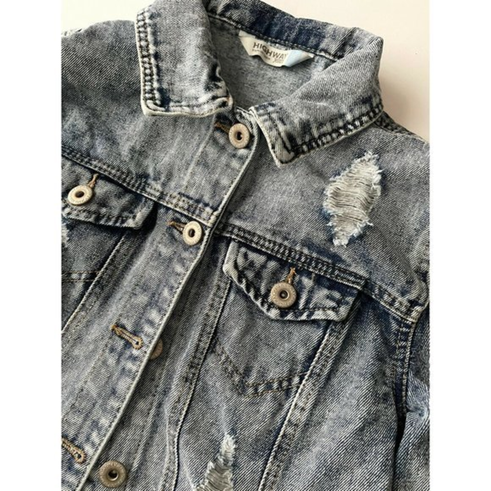 HIGHWAY JEAN Blue Denim Distressed Jacket Ripped‎ 6-Button 2 Pockets SIZE S